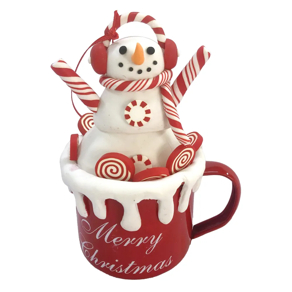 Clearance Christmas Forever ORN CANDY CANE SNOWMAN IN A CUP 4.6″ CLAY DOUGH