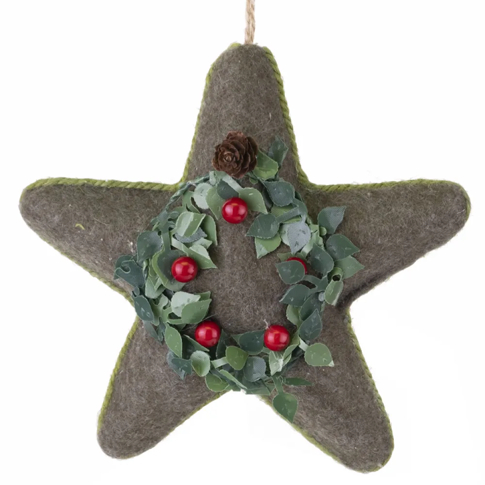 Clearance Christmas Forever ORN FABRIC STAR 6.75″ FELT MOSSY GREEN FELT W/ WREATH