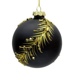 Hot Christmas Forever ORN GLASS BALL 4″ BLACK MATT LEAFW/ GOLD GLITTER