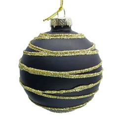 New Christmas Forever ORN GLASS BALL 3″ BLACK W/ GOLD GLITTER CIRCLES