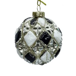 Clearance Christmas Forever ORN GLASS BALL 3″ BLACK/ WHITE W/CHAMP. DIAMONG GLITTER