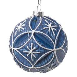 Outlet Christmas Forever ORN GLASS BALL 3″ BLUE- NAVY EMBOSSED W/ WHT GLTR FLOWER PATTERN