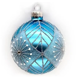 New Christmas Forever ORN GLASS BALL 3″ BLUE W/ GLITTER STAR BURST PATTERN