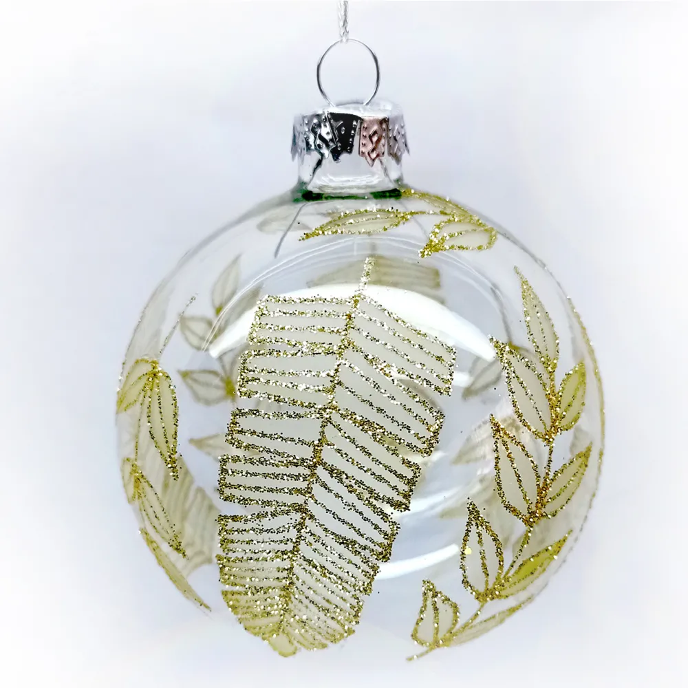 Hot Christmas Forever ORN GLASS BALL 3″ CLEAR W/ GOLD GLITTER LEAF PATTERN