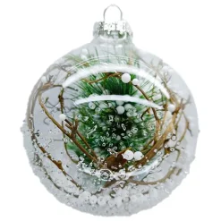 Best Christmas Forever ORN GLASS BALL 4″ CLEAR W/ TWIG, PINE & SNOW