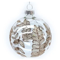 Best Christmas Forever ORN GLASS BALL 3″ CLEAR W/BROWN GLITTER LEAVES PATTERN