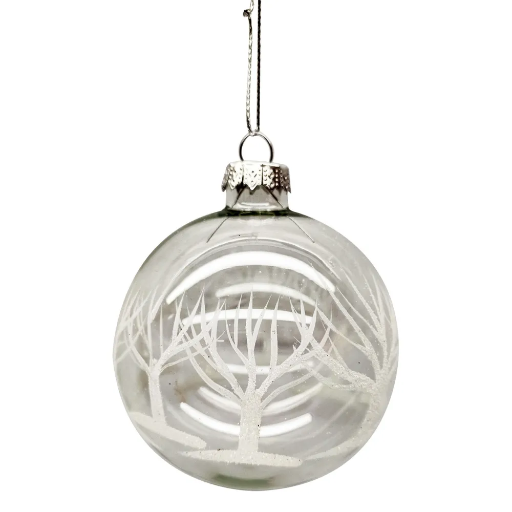 Christmas Forever ORN GLASS BALL 3″ CLEAR W/WHITE TREE PATTERN