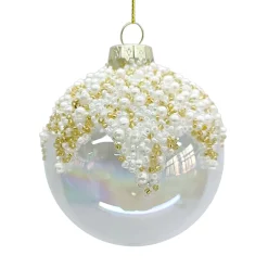 New Christmas Forever ORN GLASS BALL 3″ CLEAR/FROST PEARLS W/ CHAMPAGNE GLITTER