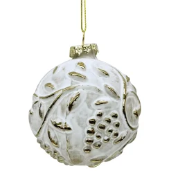 New Christmas Forever ORN GLASS BALL 3″ GOLD EMBOSED W/ WHITE WASED GOLD LVS