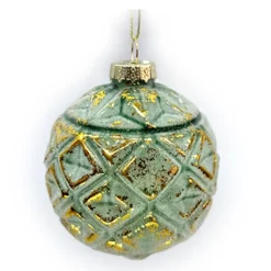 Best Christmas Forever ORN GLASS BALL 3″ GREEN FROST W/GOLD LEAF FIN. EMBOSSED DIAMOND