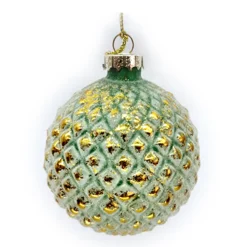 Sale Christmas Forever ORN GLASS BALL 3″ GREEN FROST W/GOLD LEAF FIN EMBOSSED SMALL DIAMOND