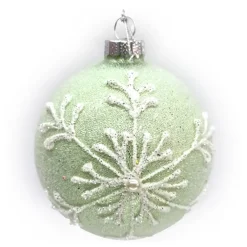 New Christmas Forever ORN GLASS BALL 3″ GREEN- MINT FROST GLITTER W/ WHITE SNOWFLAKE & PEARL