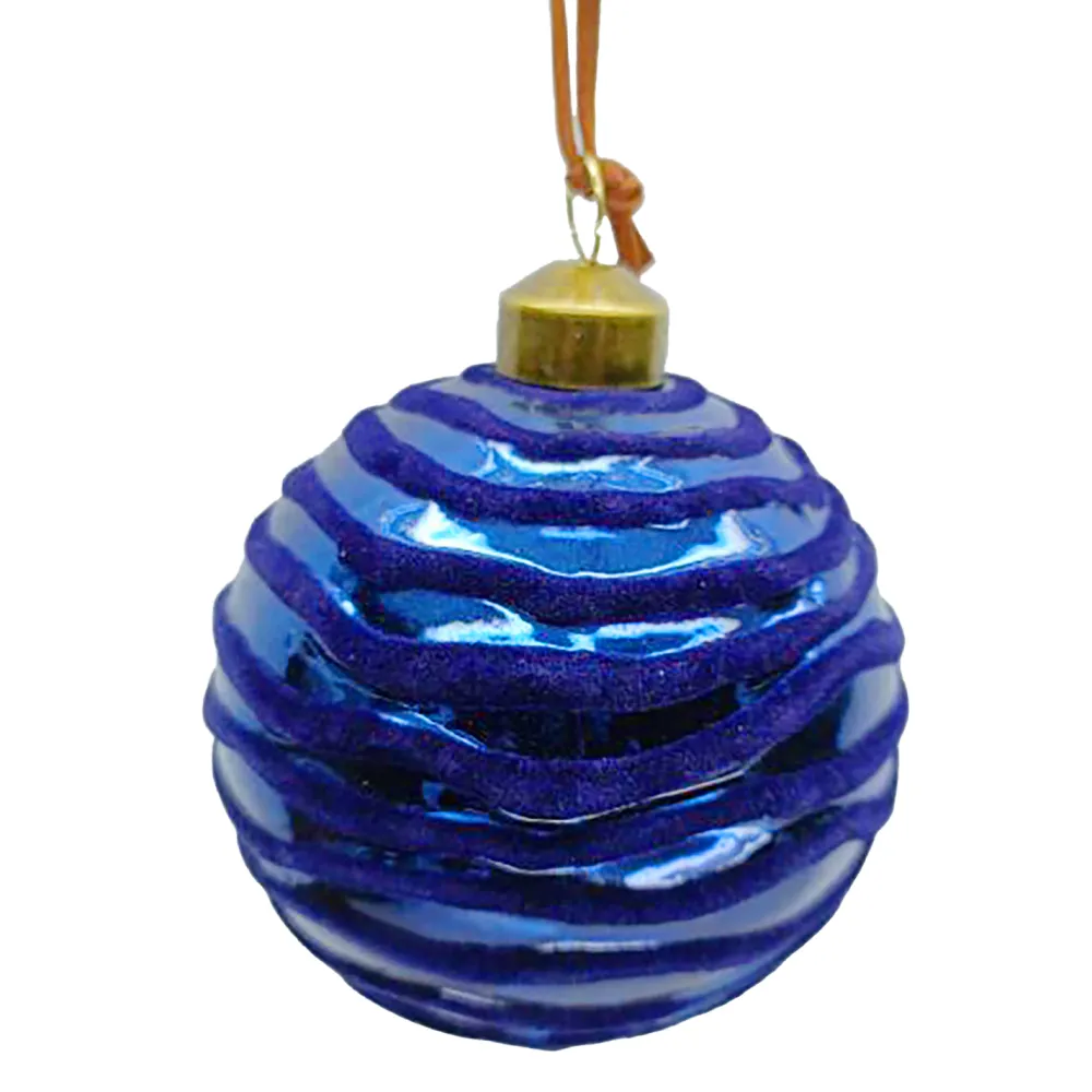 New Christmas Forever ORN GLASS BALL 3″ NAVY W/ WAVE FLOCKING