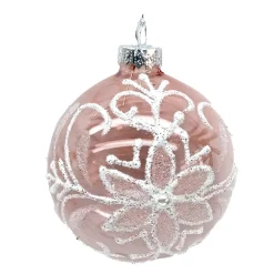 Hot Christmas Forever ORN GLASS BALL 3″ PINK- CLEAR W/ FLORAL GLITTER PATTERN WITH BEADS