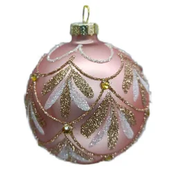Outlet Christmas Forever ORN GLASS BALL 3″ PINK MATT SCALLOP W/ GOLD/WHITE GLITTER