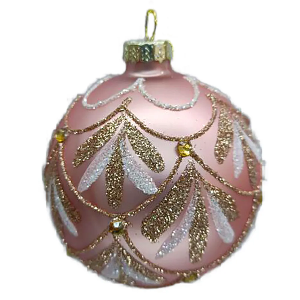 Outlet Christmas Forever ORN GLASS BALL 3″ PINK MATT SCALLOP W/ GOLD/WHITE GLITTER