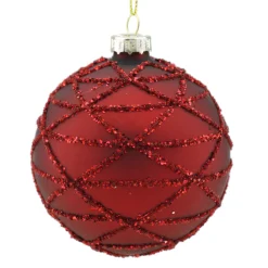 Sale Christmas Forever ORN GLASS BALL 3″ RED MATTE W/ GLTR TRIANGLE PATT