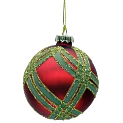 Clearance Christmas Forever ORN GLASS BALL 3″ RED MATTE W/ GREEN & GOLD RIBBON PATERN