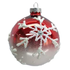 Hot Christmas Forever ORN GLASS BALL 3″ RED SHINY/WHITE SNOWFLAKE W/ GLITTER