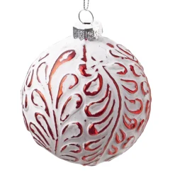 Discount Christmas Forever ORN GLASS BALL 3″ RED W/ WHITE LEAF PATTERN