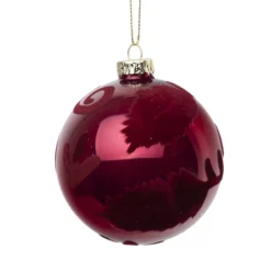 New Christmas Forever ORN GLASS BALL 3″ RED-BURGUNDY SHINY W/ FLOCKED SWIRL PATTERN