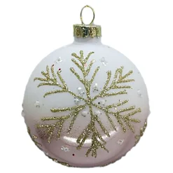 Hot Christmas Forever ORN GLASS BALL 3″ ROSE GOLD SHINY/WHITE W/ GOLD SNOWFLAKE