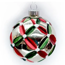 Hot Christmas Forever ORN GLASS BALL 3″ SILVER EMBOSSED RED & GRREN NET PATTERN