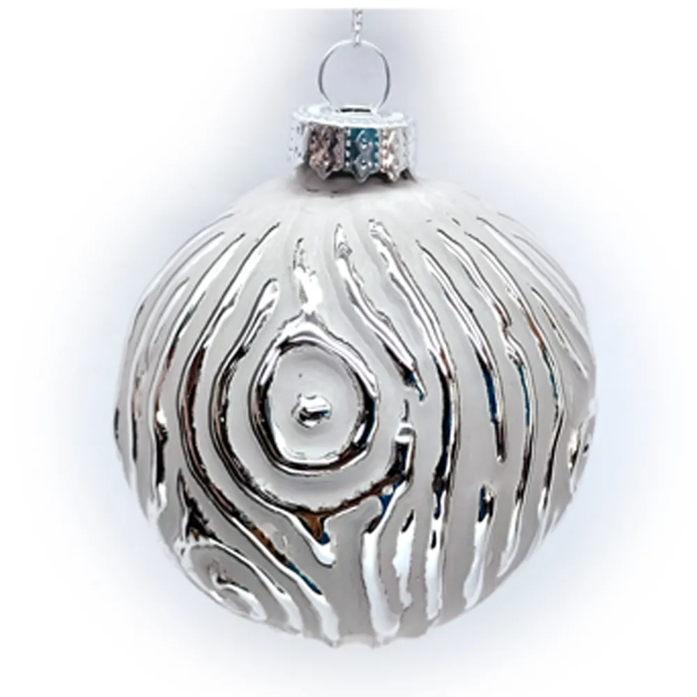 Christmas Forever ORN GLASS BALL 3″ SILVER EMBOSSED BIRCH W/ GRAY PAINT FINISH