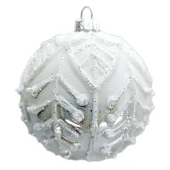 Online Christmas Forever ORN GLASS BALL 3″ SILVER/WHITE LEAF W/ WHITE GLITTER