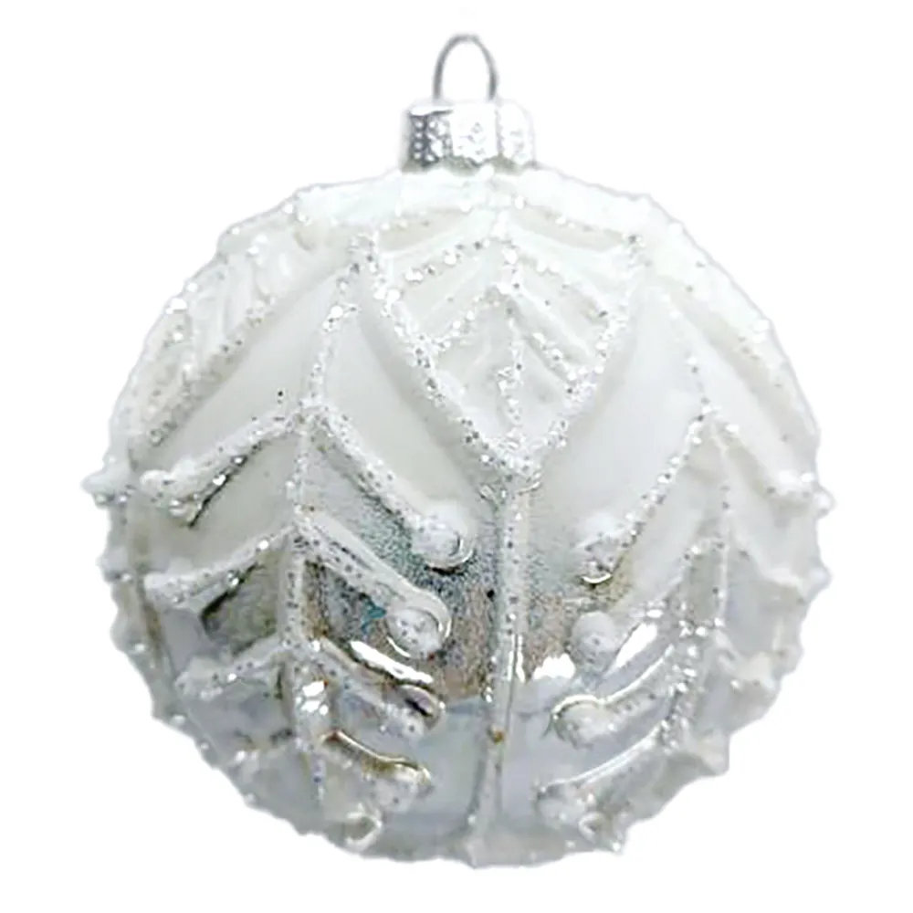 Online Christmas Forever ORN GLASS BALL 3″ SILVER/WHITE LEAF W/ WHITE GLITTER