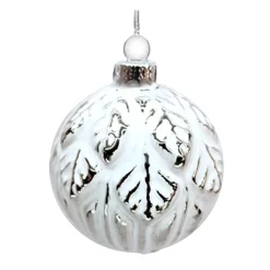 Christmas Forever ORN GLASS BALL 3″ WHITE EMBOSSED LEAF W/ WHITE PAINT