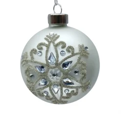Best Christmas Forever ORN GLASS BALL 3″ WHITE- MATTE W/ SNOWFLAKE & JEWELS