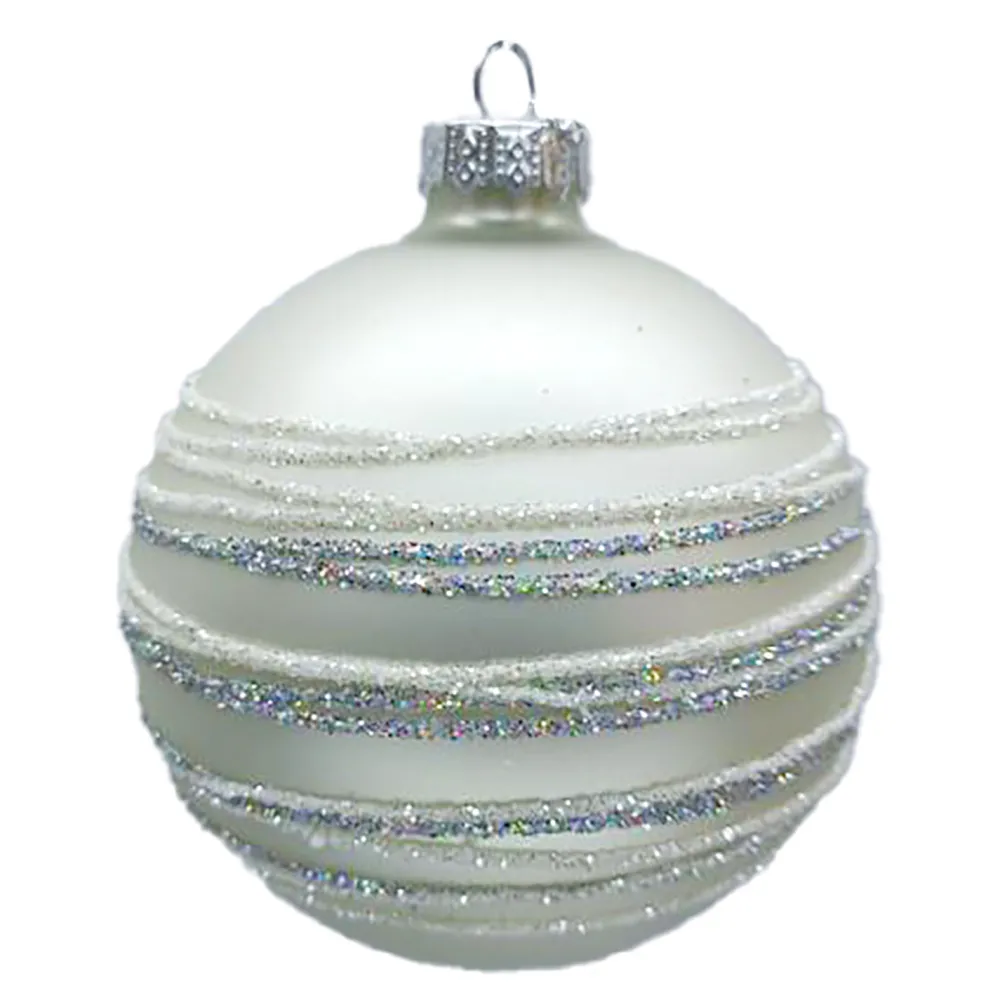 Sale Christmas Forever ORN GLASS BALL 3″ WHITE MATT RING W/ WHITE/SILVER GLITTER