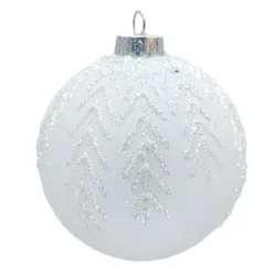 Hot Christmas Forever ORN GLASS BALL 3″ WHITE MATT FROST LEAF W/ GLITTER