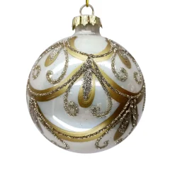 Best Christmas Forever ORN GLASS BALL 3″ WHITE PEARL W/GOLDEN SWAG PATTERN