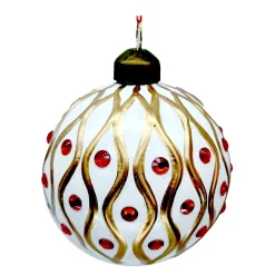 Best Christmas Forever ORN GLASS BALL 3″ WHITE W/ GLITTER RED JEWEL DOT PATTERN