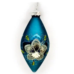 Clearance Christmas Forever ORN GLASS BALL 2.5″ X 5″ BLUE FLORAL DECORATED GLITTER | SEQUINS | BEADS