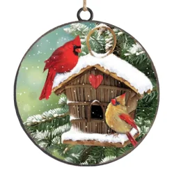Best Christmas Forever ORN METAL DISC 4″ BIRD HOUSE W/ CARDINAL & ROBIN