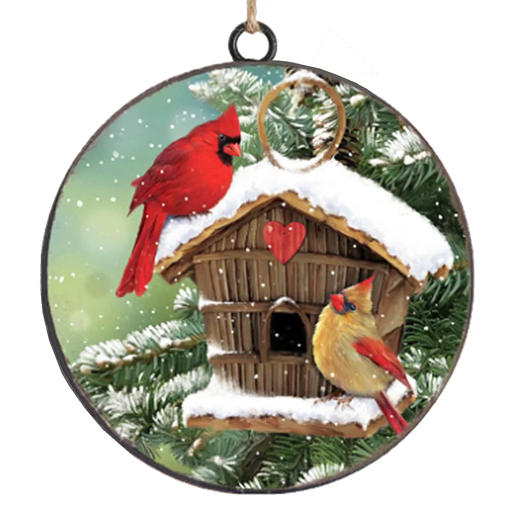 Best Christmas Forever ORN METAL DISC 4″ BIRD HOUSE W/ CARDINAL & ROBIN