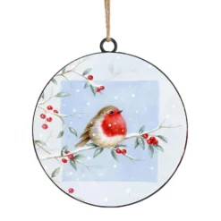 Best Christmas Forever ORN METAL DISC 4″ BIRD ON A TREE BRANCH SNOWY SCENE