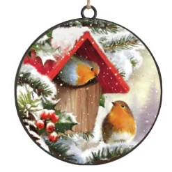 Outlet Christmas Forever ORN METAL DISC 4″ BIRH HOUSE W/ ROBIN