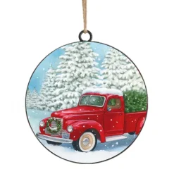 Clearance Christmas Forever ORN METAL DISC 4″ RED TRUCK WITH TREE