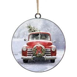 Sale Christmas Forever ORN METAL DISC 4″ RED TRUCK WITH TREE