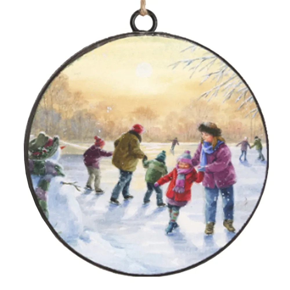 Outlet Christmas Forever ORN METAL DISC 4″ SKATING ON LAKE SCENE