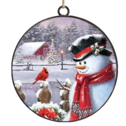 Clearance Christmas Forever ORN METAL DISC 4″ SNOWMAN & CARDINAL