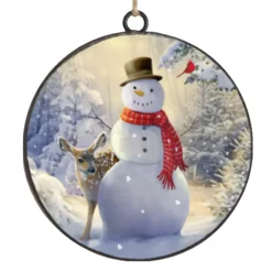 Outlet Christmas Forever ORN METAL DISC 4″ SNOWMAN W/DEER