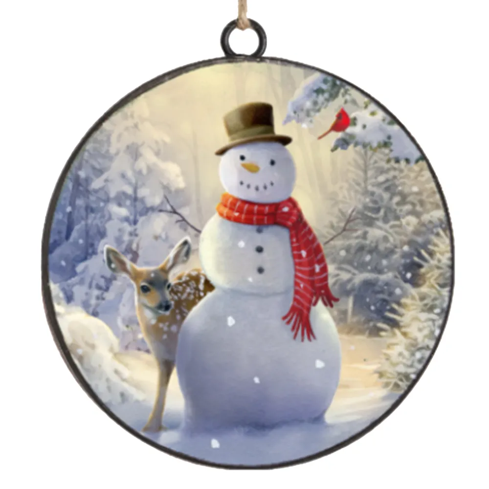 Outlet Christmas Forever ORN METAL DISC 4″ SNOWMAN W/DEER