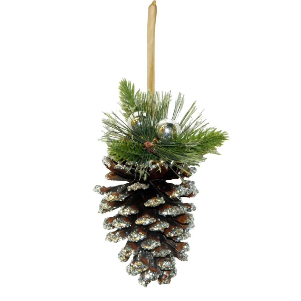 Sale Christmas Forever ORN NAT. PINECONE 4.25″ W/PINE & RIBBON & BALL SILVER