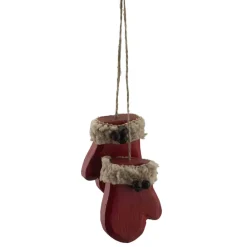Clearance Christmas Forever ORN WINTER WOODEN MITTENS 2.75″ RED W/ FAUX FUR TRIM