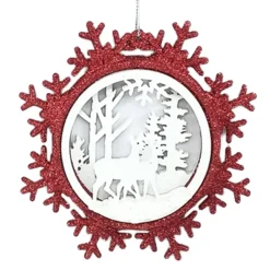 Best Christmas Forever ORN WOODEN DEER IN SNOWFLAKE 5″ RED/ WHITE